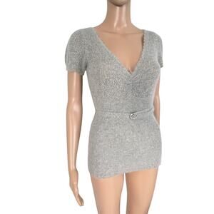 Angora Blend Knit Sweater Sparkle V Neck Belted Bodycon M Preppy Old Money Gray